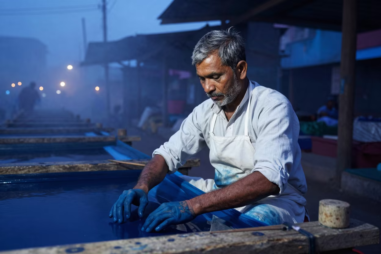 Sylhet Silk Dyer Indigo Hands Twilight Mist in along a market lane in Sylhet