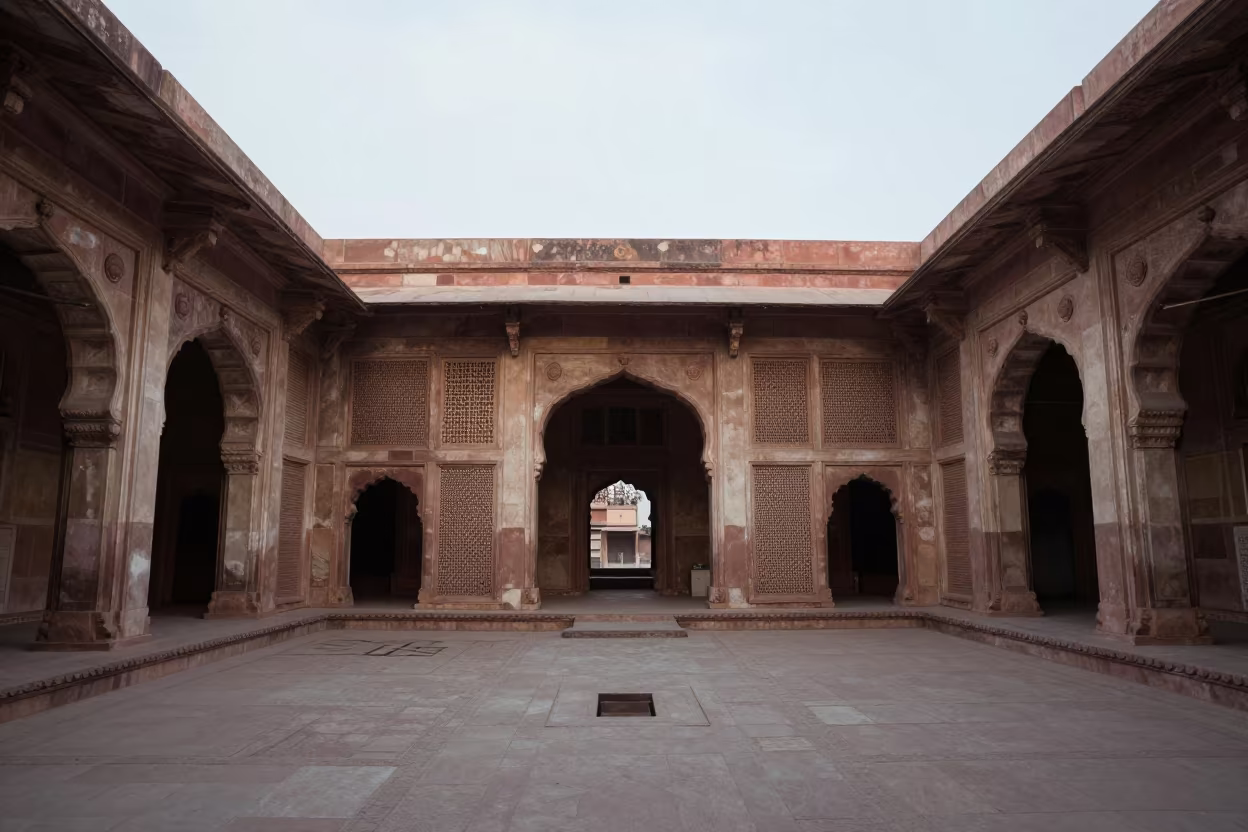 Symmetrical Atrium Courtyard Ahmedabad Screens in inside a vaulted atrium near Ahmedabad