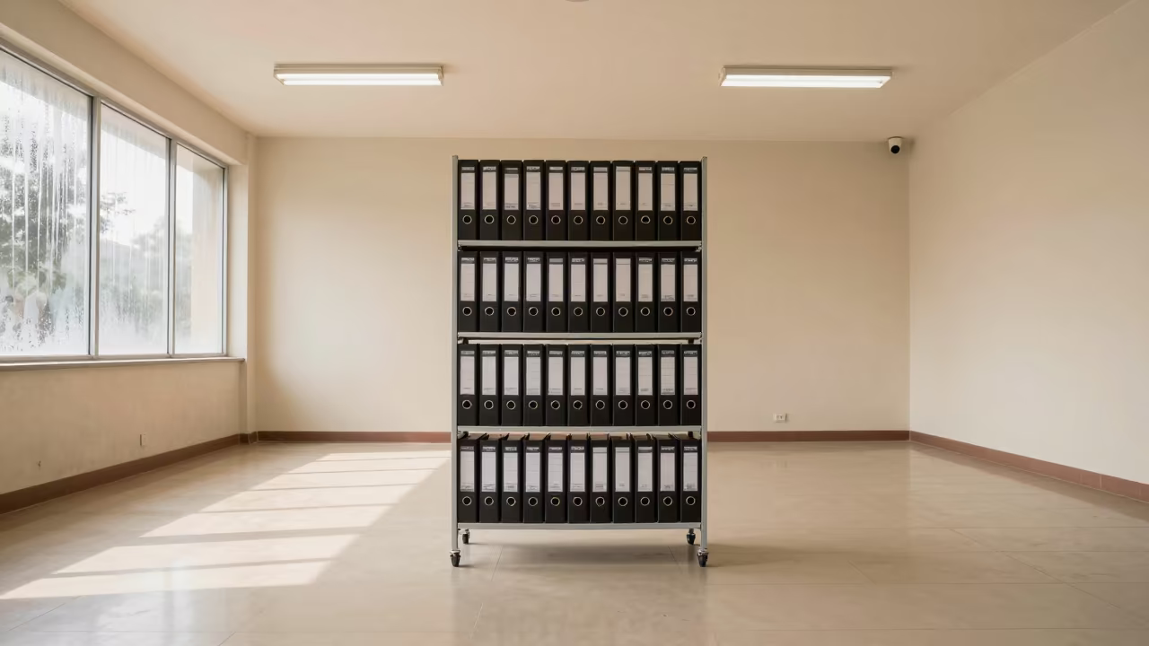 Symmetrical BEO Binder Rack in Banquet Hall Before Service in inside a banquet hall before service near Bhilai