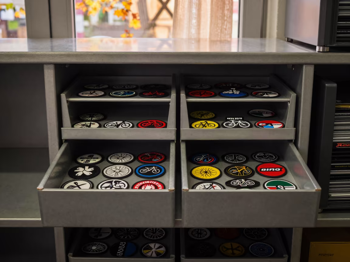 Symmetrical Bike Tube Patches in Autumn Stockroom Light in inside a stockroom behind the sales floor near Bordeaux