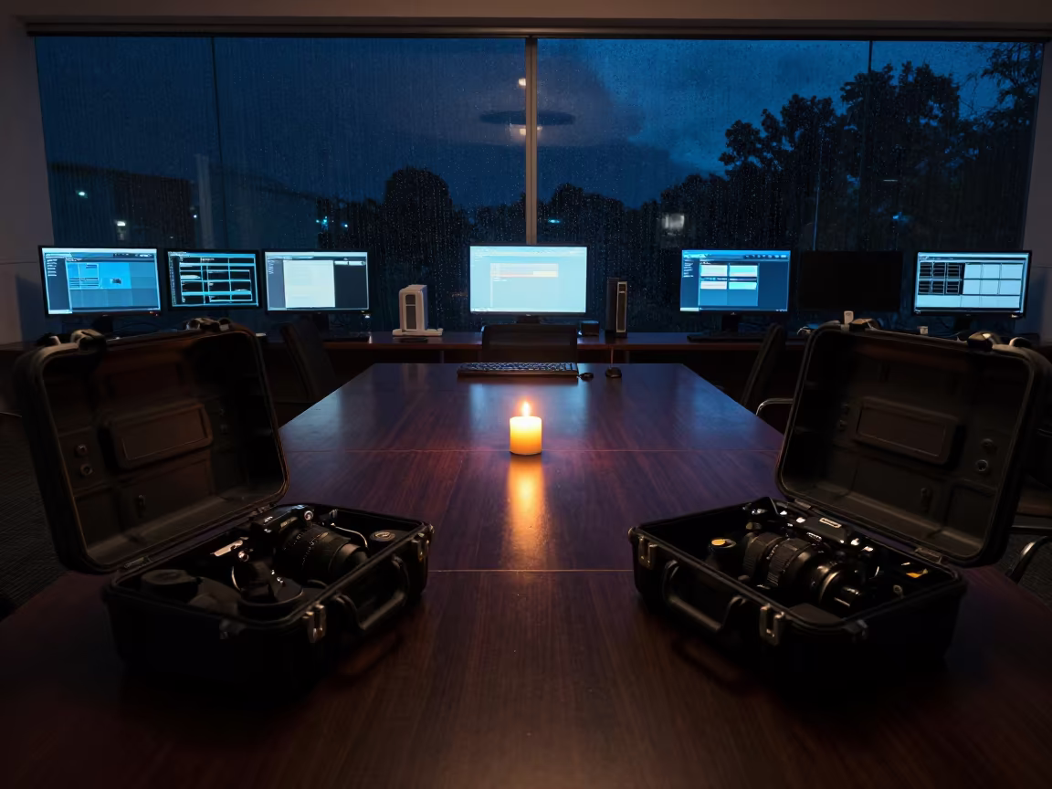 Symmetrical Boardroom Case Under Candlelight in Goiania in in an operations center under monitor glow in Goiania