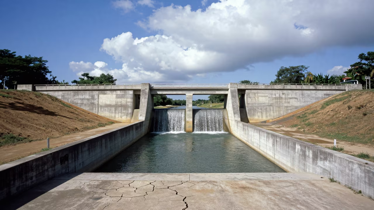 Symmetrical Canal Aqueduct Across Jamaican Dam in along a dam spillway in Jamaica