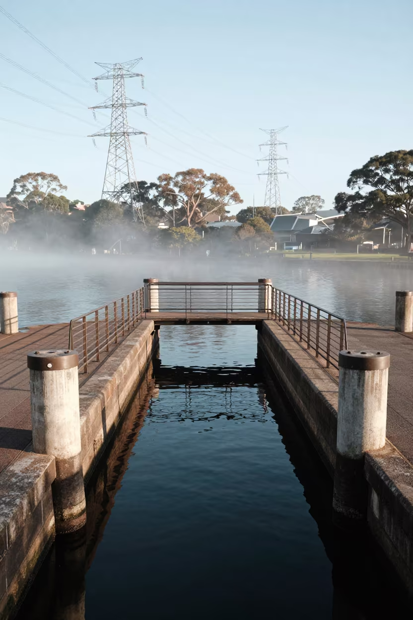 Symmetrical Canal Lock Bridge Under Noon Sun in beneath transmission towers near Sydney
