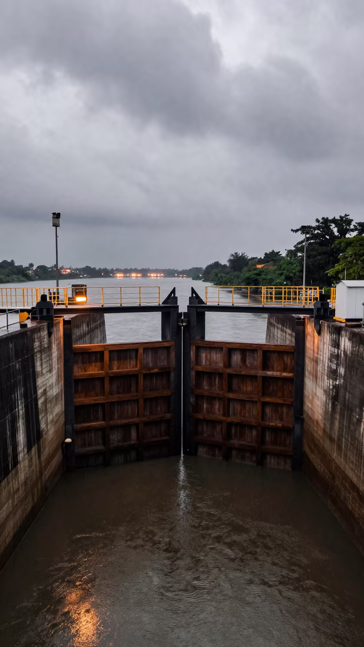 Symmetrical Canal Lock Gates Near Mumbai in along a dam spillway near Mumbai