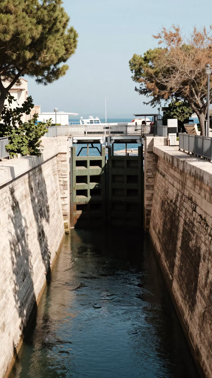 Symmetrical Canal Lock Pond Marseille Dry Season in at a canal lock chamber in Marseille
