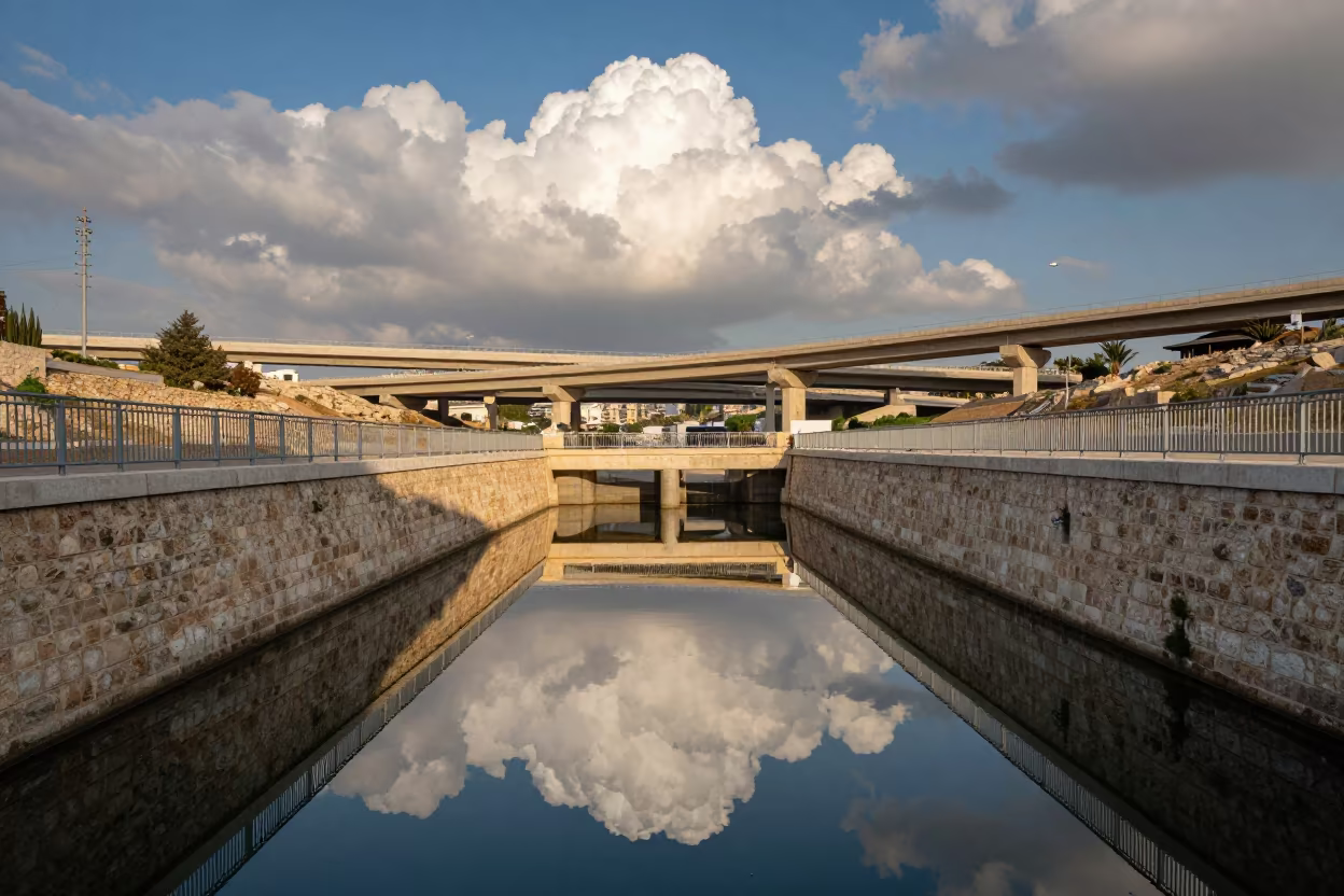 Symmetrical Canal Lock Pond Under Windy Afternoon Sky in across a windy overpass interchange near Haifa