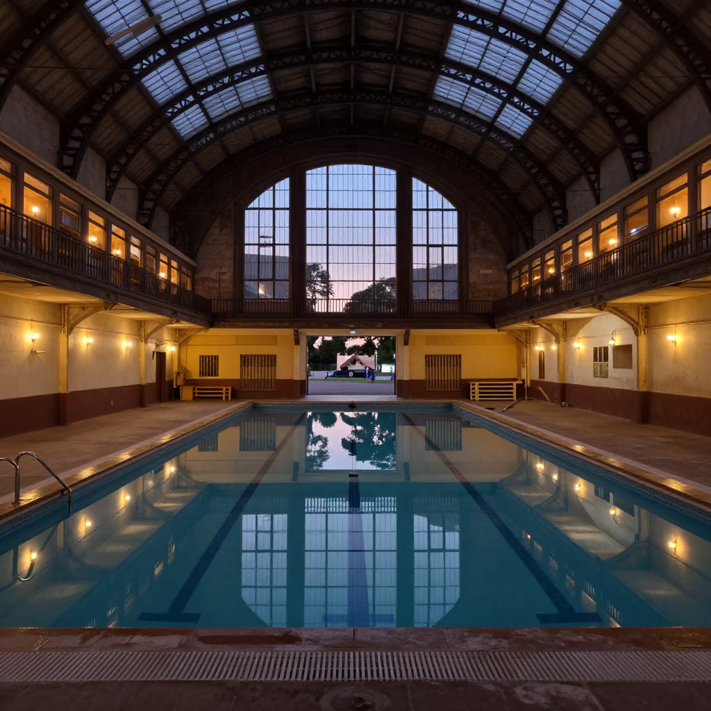 Symmetrical Candlelight Reflections in Empty Pool in inside a restored train terminal in Buenos Aires
