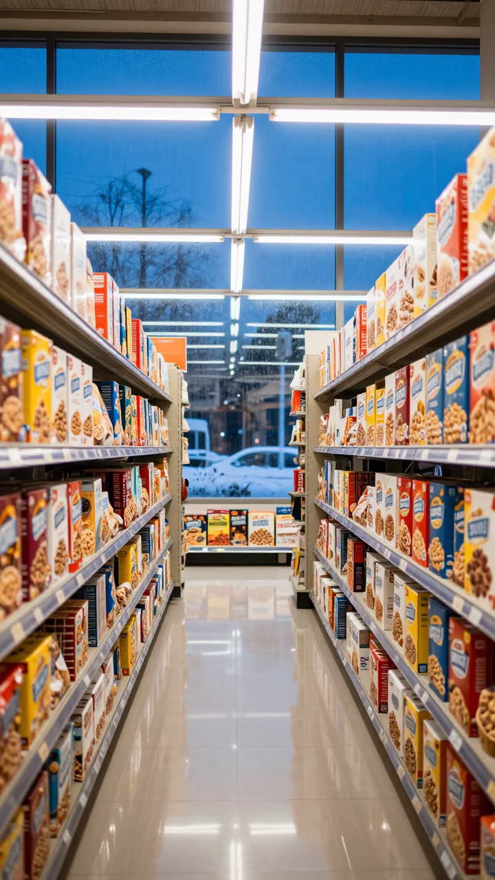 Symmetrical Cereal Aisle Evening Fluorescent Light Izmir in inside a bright retail aisle in Izmir