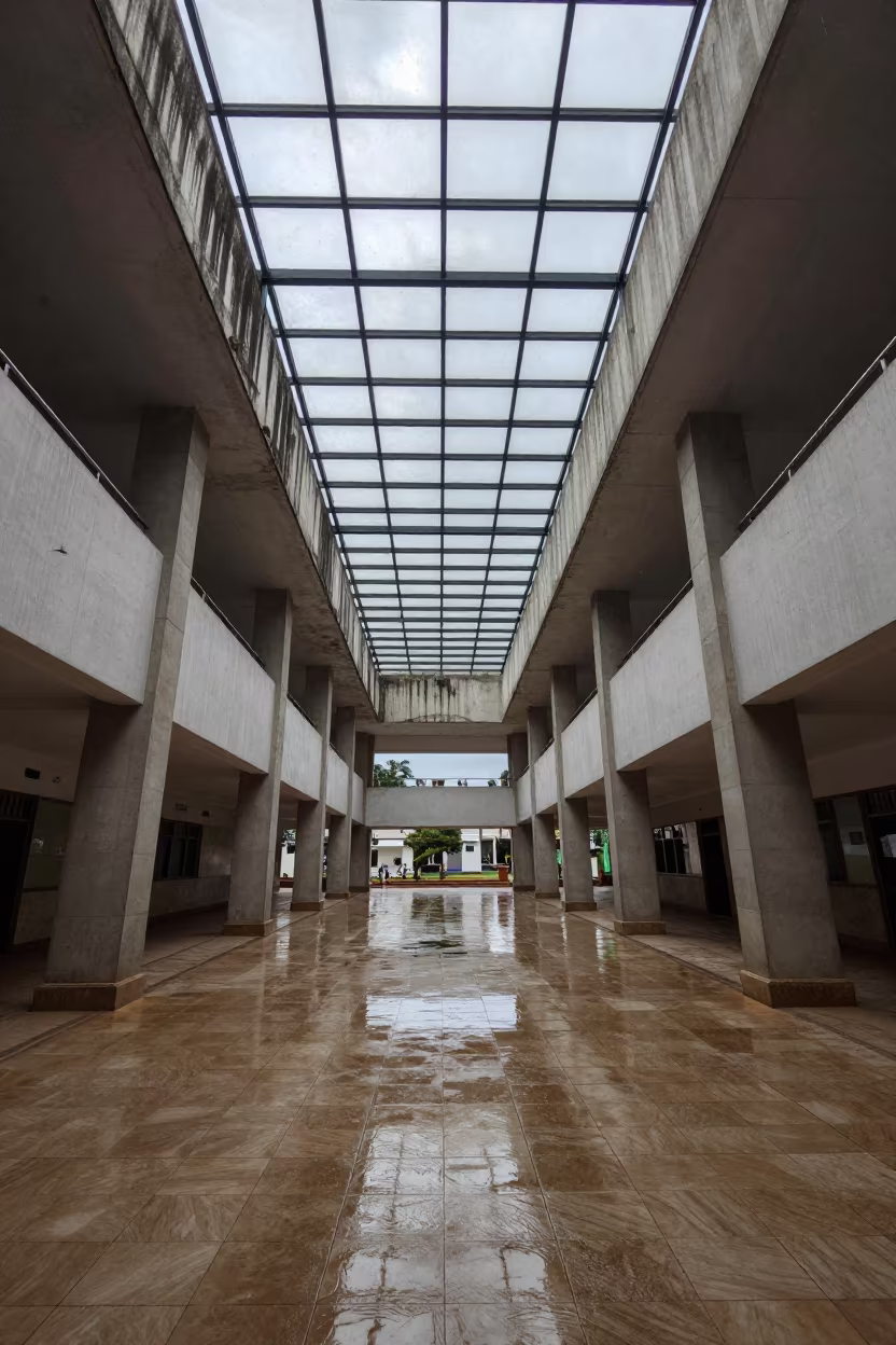 Symmetrical Civic Atrium in Garoua After Rain in inside a skylit passageway in Garoua