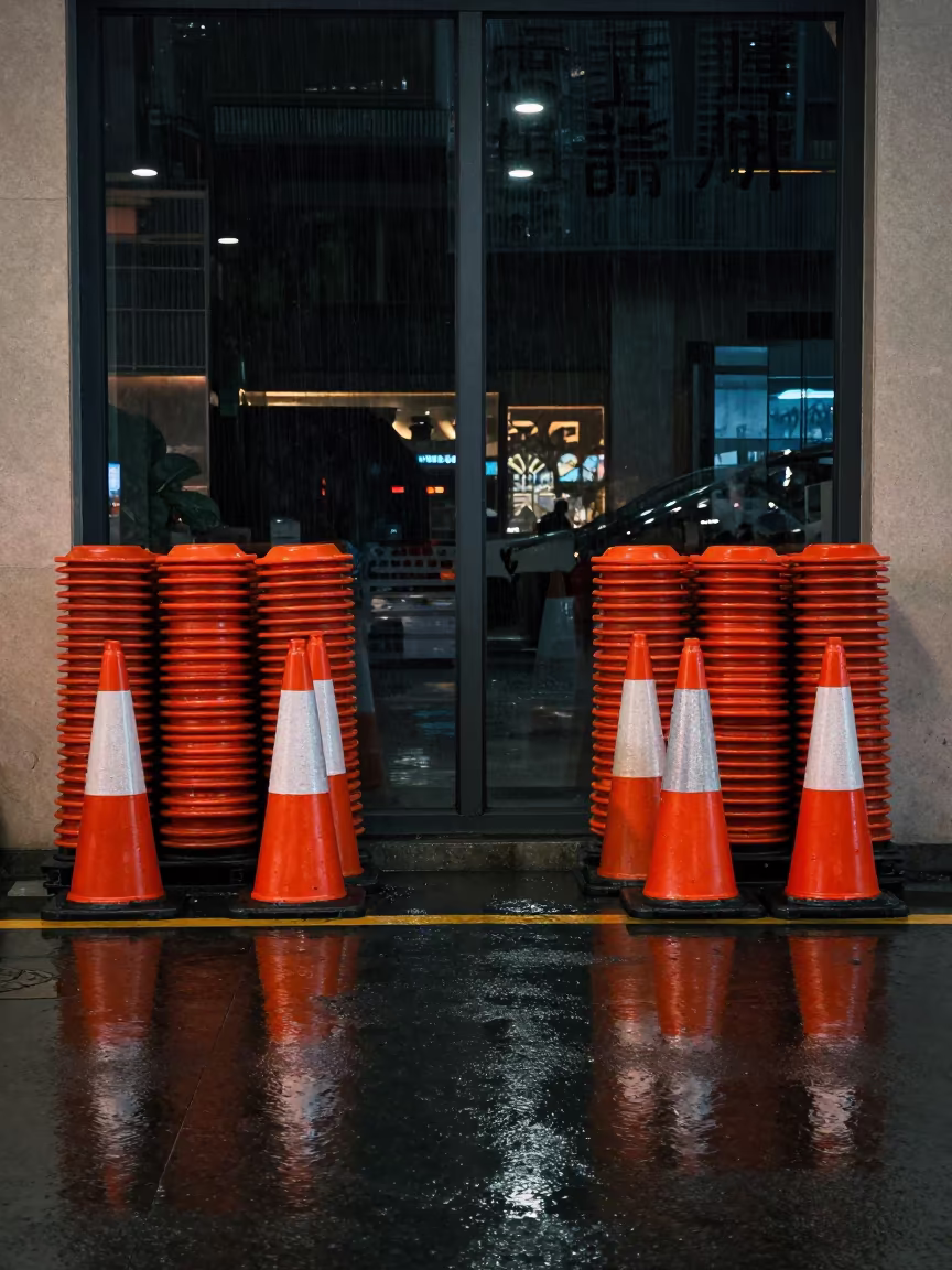 Symmetrical Cone Stack Shenzhen Storefront Night in along a front-of-store display run in Shenzhen