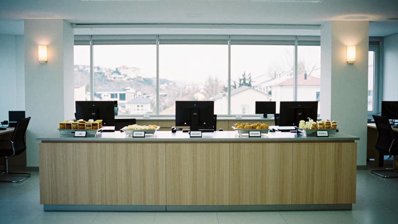Symmetrical Conference Foyer Coffee Station Trabzon in in an operations center under monitor glow near Trabzon