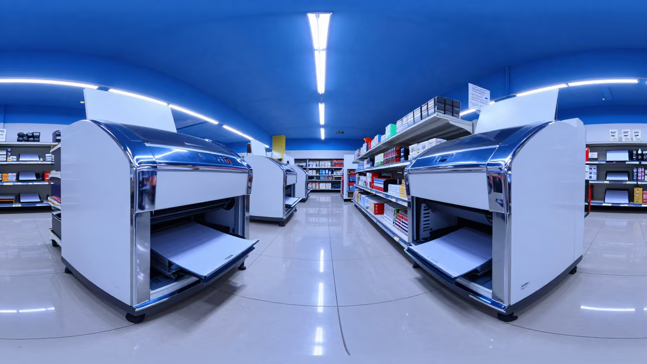 Symmetrical Coupon Printer Stand in Evening Neon in inside a bright retail aisle near Pointe-Noire