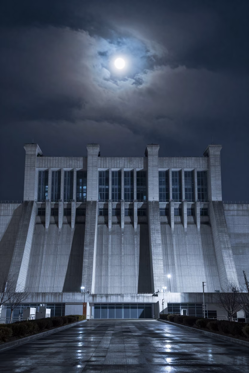 Symmetrical Dam Powerhouse Under Moonlit Night Sky in beside a hydroelectric intake in Zhengzhou