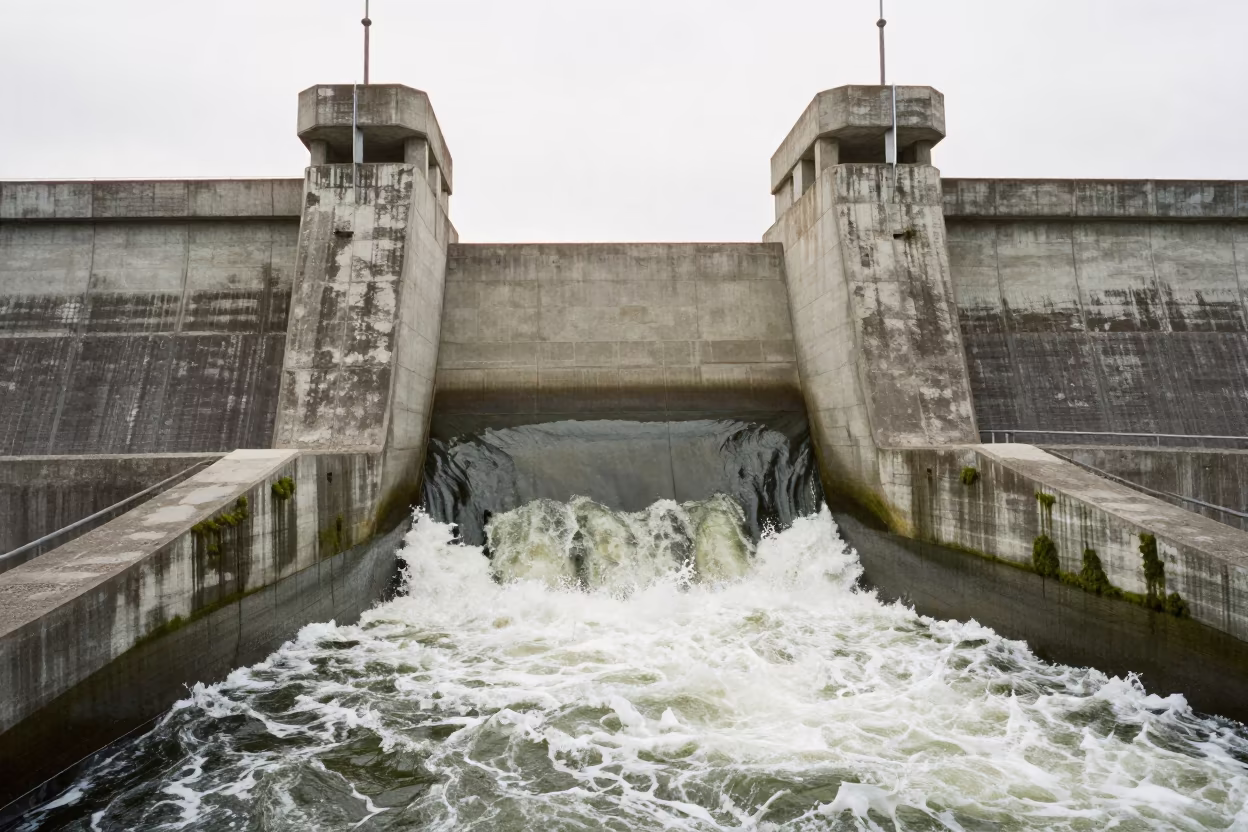 Symmetrical Dam Spillway Turbulent Water Lithuania in along concrete walls above turbulent water in Lithuania