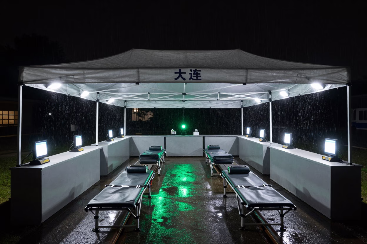 Symmetrical Field Clinic Under Monsoon Night Sky in at an ambulance bay in Dalian