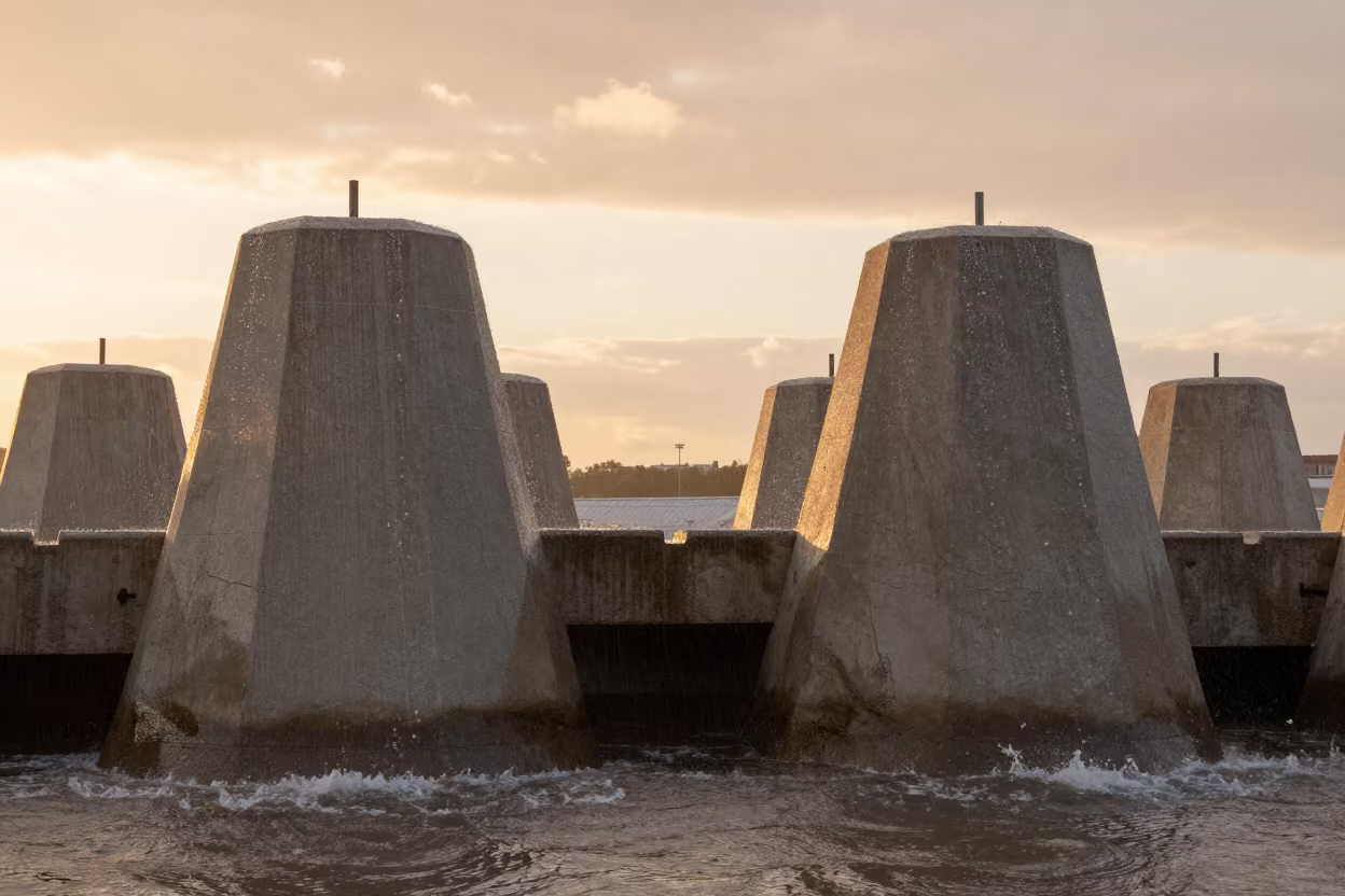 Symmetrical Flood Tower in Kyiv Sunset Rain in beside a storm surge barrier in Kyiv
