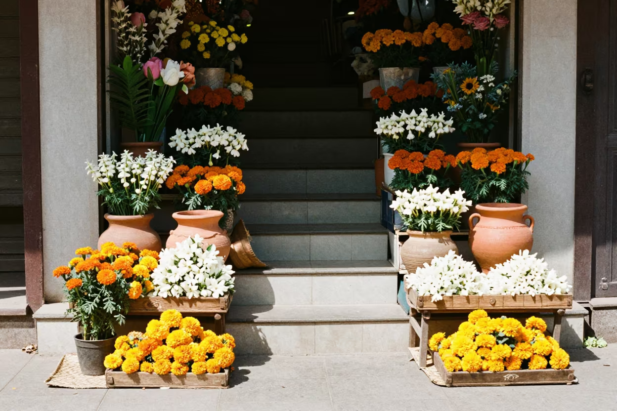 Symmetrical Flower Shop Spilling Sidewalk Stair Hall in inside a tiled stair hall in Agra