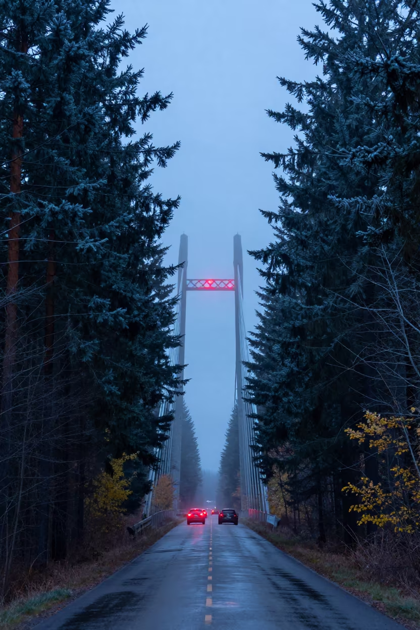 Symmetrical Flyover Forest Under Bridge Twilight in under a cable-stayed bridge span in Saskatchewan