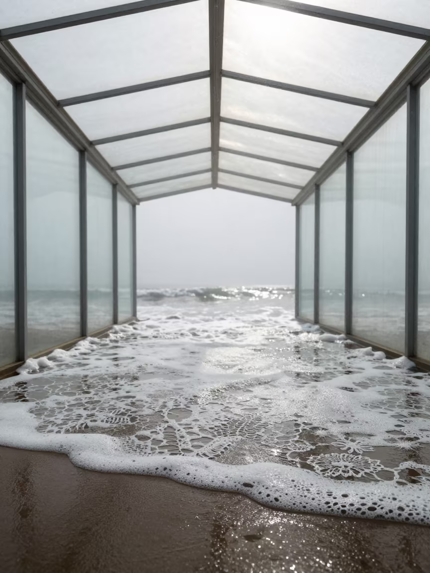 Symmetrical Foam Lace on Dark Sand in Glass Arcade in inside a glass-roofed arcade in Gusau