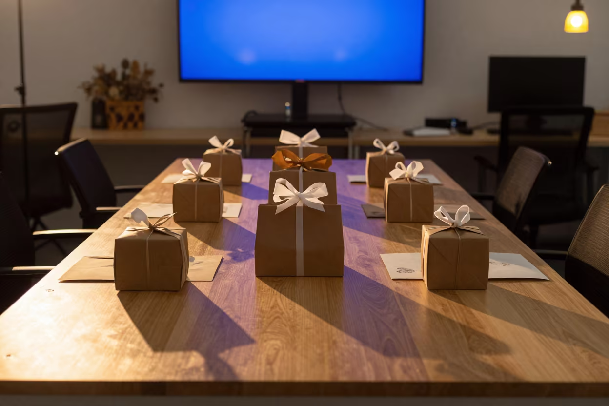 Symmetrical Gift Table at Golden Hour in Baltimore Coworking in inside a coworking floor near Baltimore
