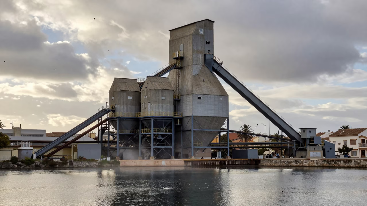 Symmetrical Grain Elevator Balearic Autumn in across an active works site in the Balearic Islands