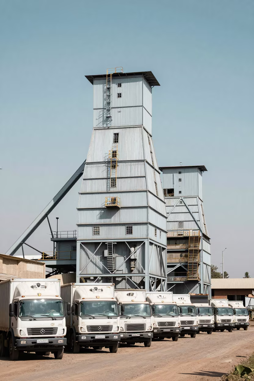 Symmetrical Grain Elevator Trucks at Noon in beside exposed structural steel near Addis Ababa