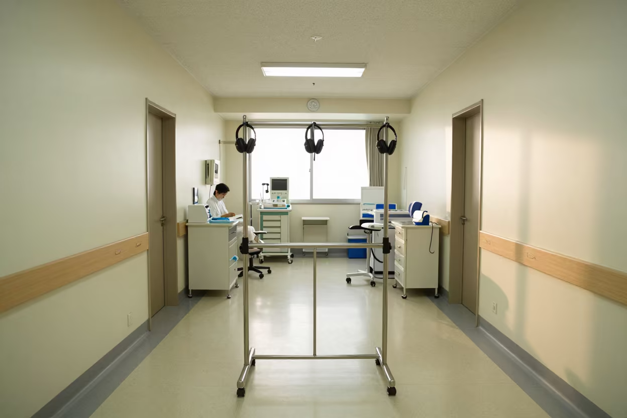 Symmetrical Hearing Booth Rail Yokama Therapy Corridor in along a therapy corridor with organized equipment in Yokohama