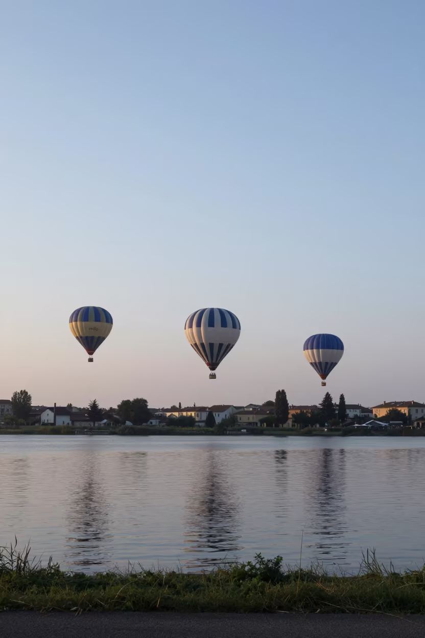 Symmetrical Hot Air Balloons at Brescia Dawn in at a waterfront celebration in Brescia