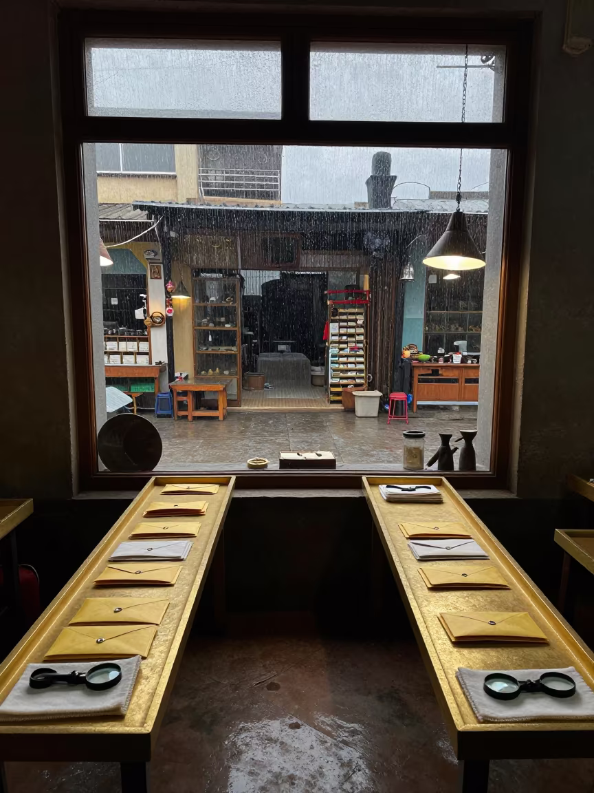 Symmetrical Jeweler Desk Surreal Window View Gondar in at a goldsmith bench in a bazaar jewelry lane near Gondar