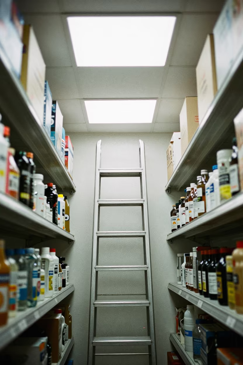 Symmetrical Ladder in Jaipur Stockroom in inside a stockroom behind the sales floor in Jaipur