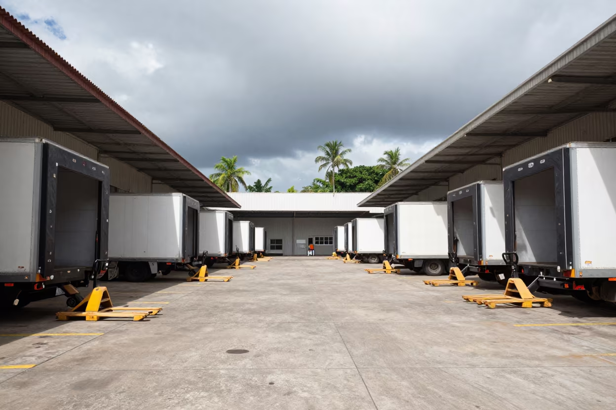 Symmetrical Loading Dock with Pallet Jacks in in a trailer yard outside the warehouse in Salvador