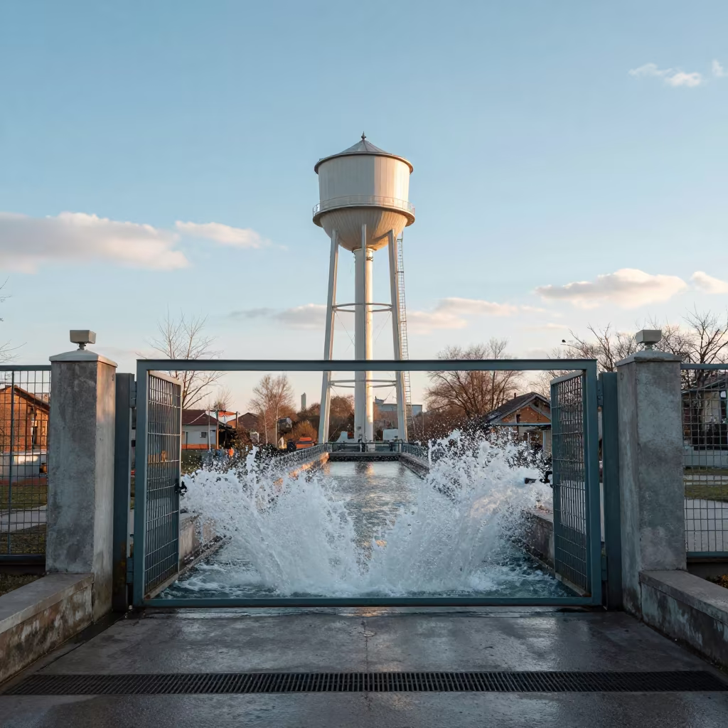 Symmetrical Lock Keeper Walkway Over Foaming Gates in beside a water tower ladder in Belgrade