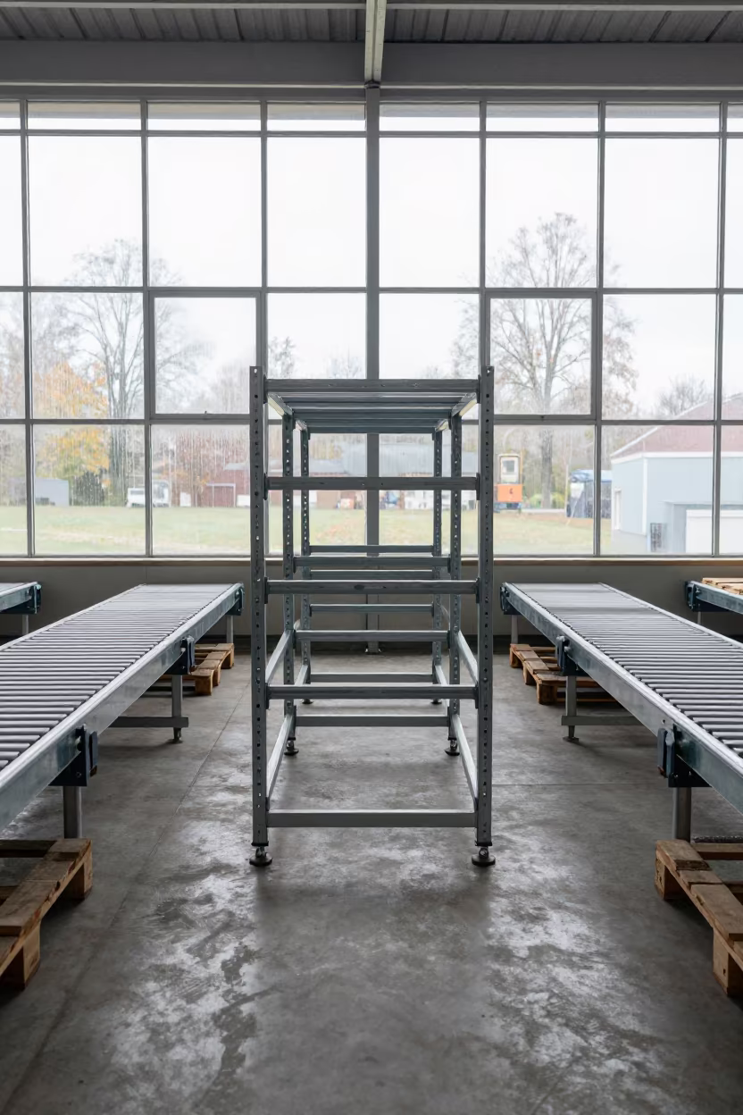 Symmetrical Logistics Rack in Szeged Sorting Facility in at a parcel sorting belt near Szeged