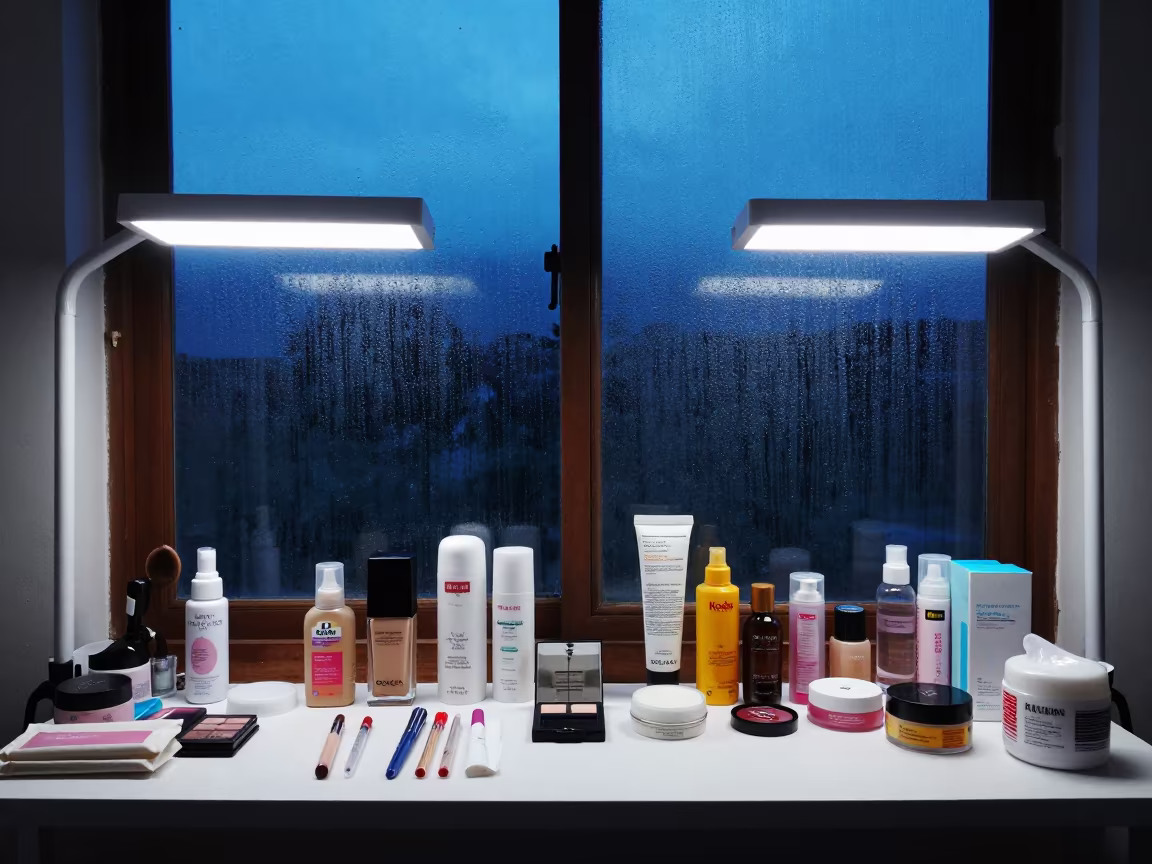 Symmetrical Makeup Table in Twilight in in a beauty supply area under white LEDs in Sacaba