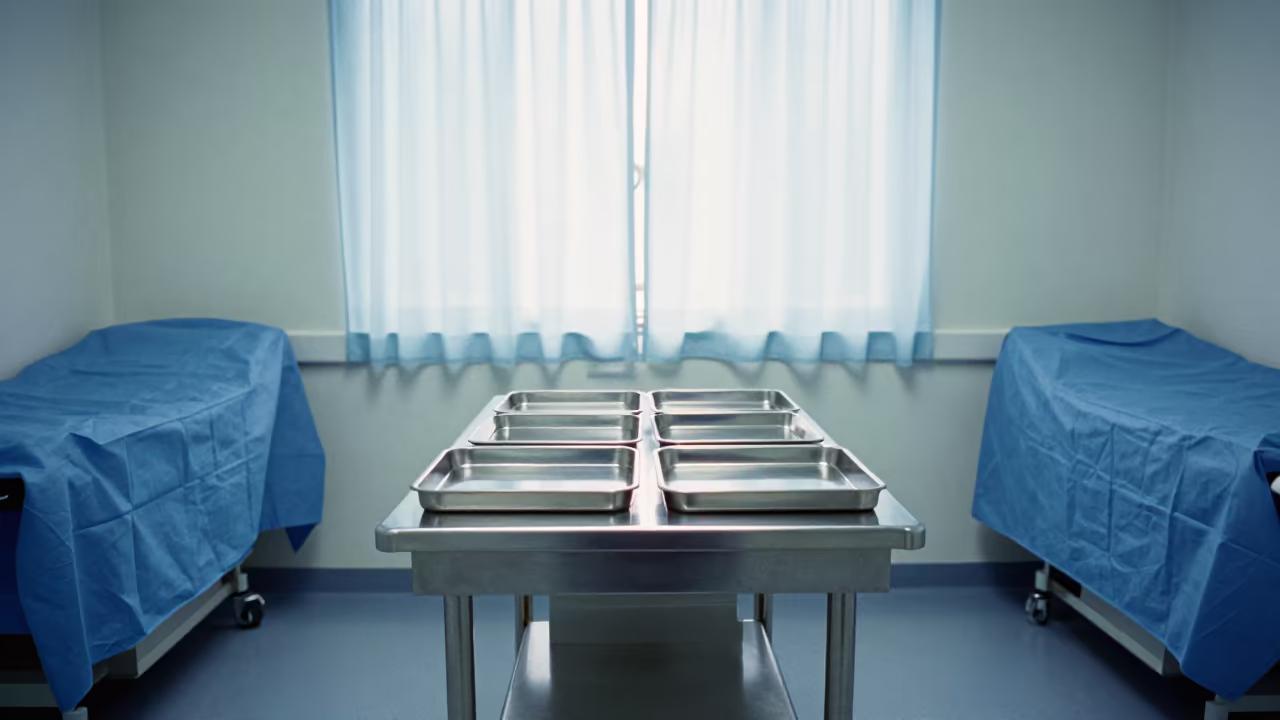 Symmetrical Medical Exam Room with Blue Drapes in inside a clinic exam room near Singapore
