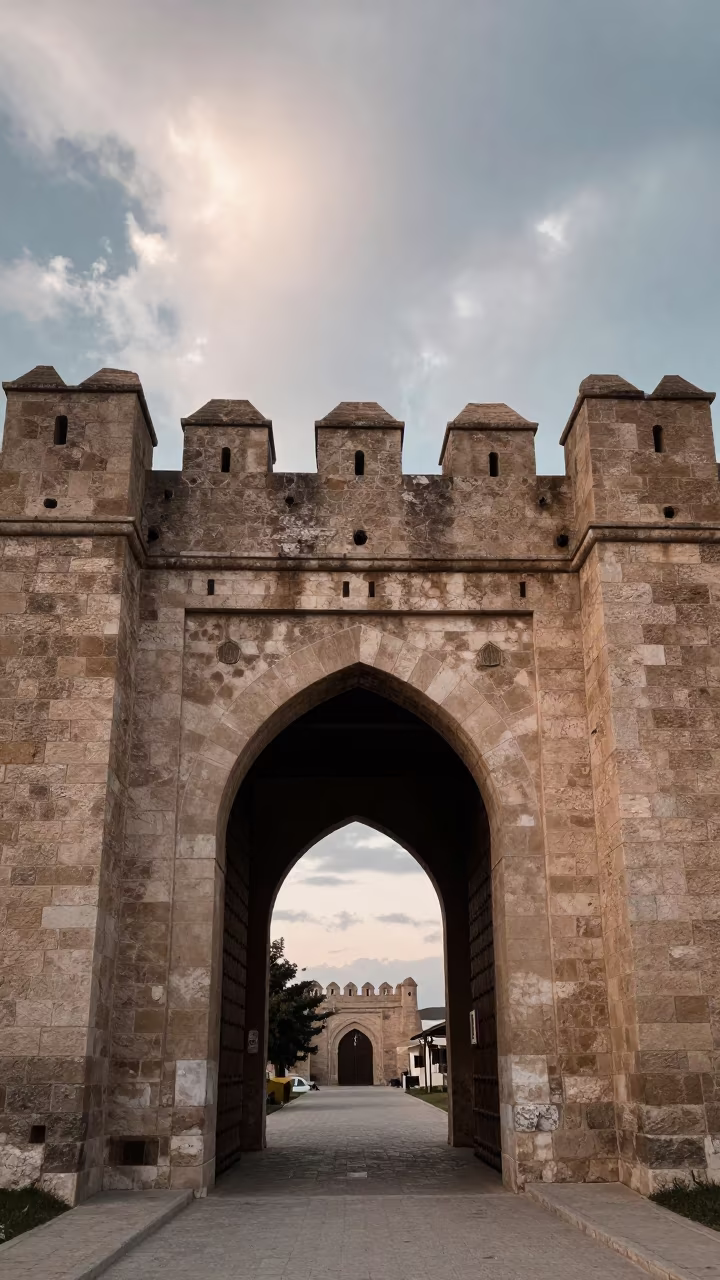 Symmetrical Medieval Gate in Pale Dawn Light in inside a skylit passageway near Tokat
