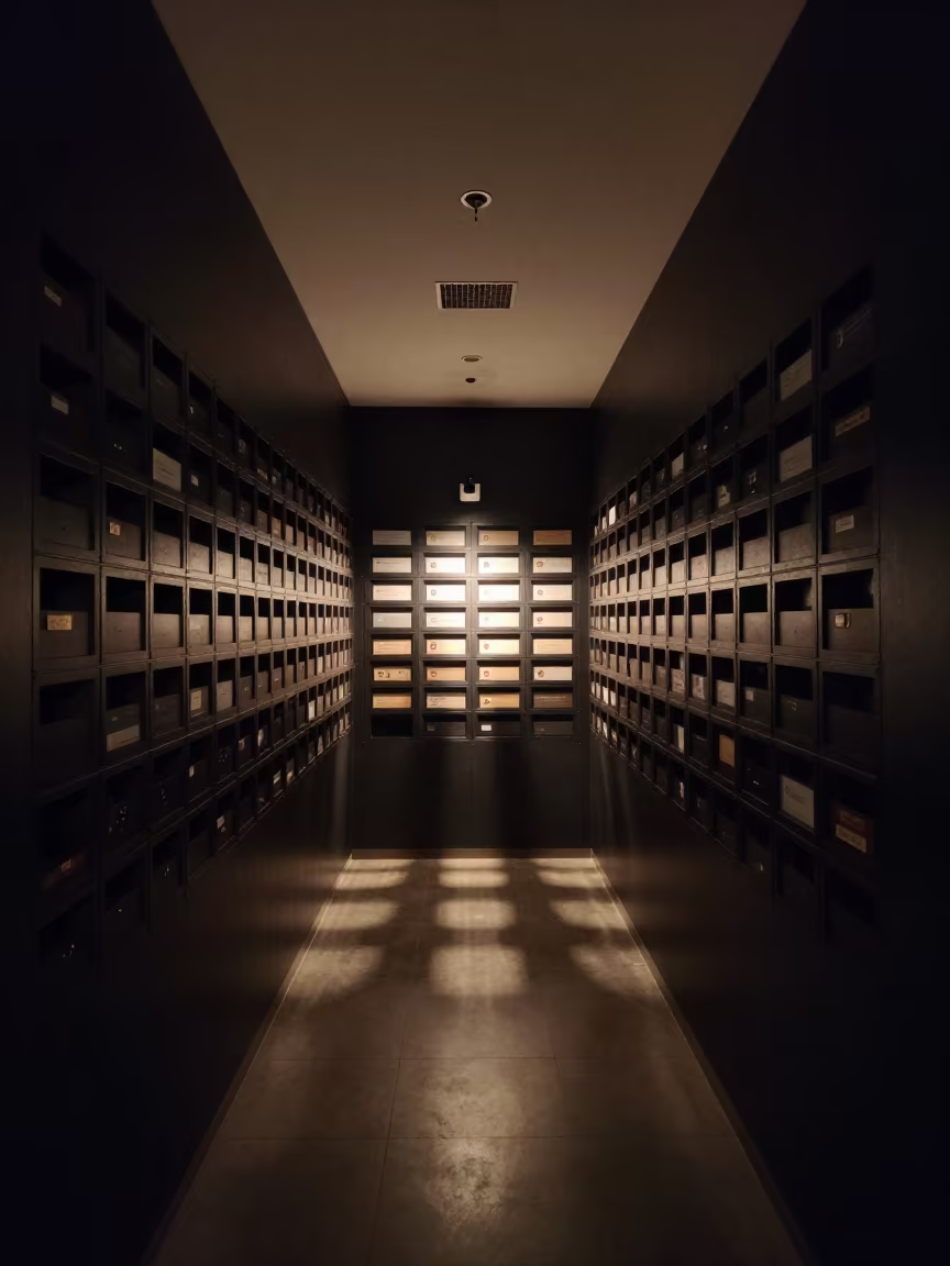 Symmetrical Message Slot Wall Pre-Dawn Light in in a quiet guest corridor near Florianopolis