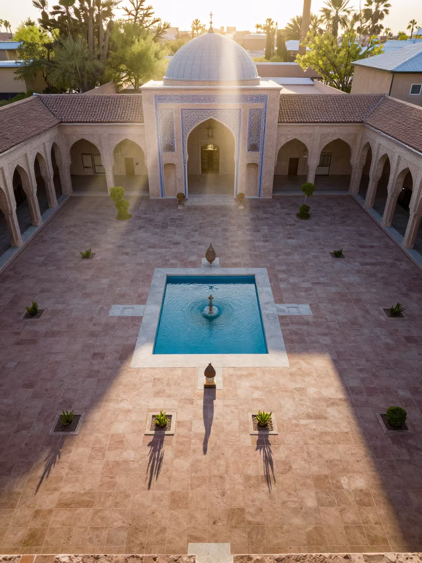 Symmetrical Mosque Courtyard Pool at Sunrise in at the edge of a sacred pool near Tucson
