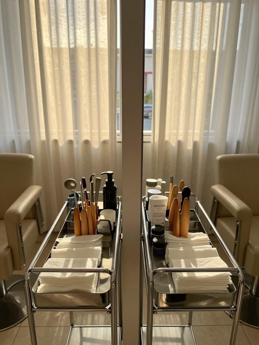 Symmetrical Nail Studio Caddy with Dust in Light in inside a nail studio near San Francisco de Campeche