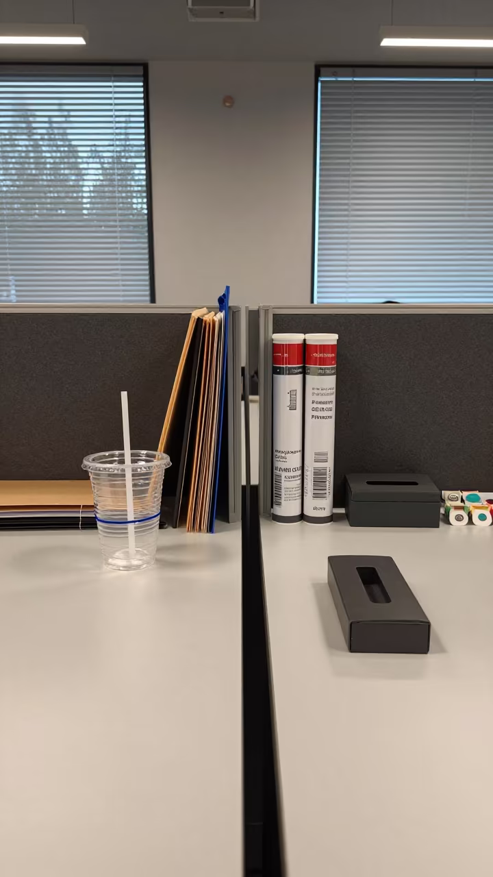 Symmetrical Office Desk with Zip Tie Cup and Folders in inside a coworking floor in Mission, San Francisco