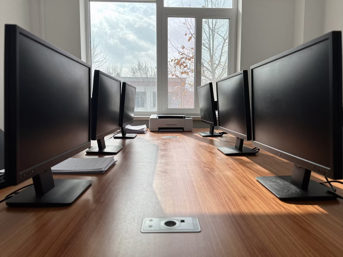 Symmetrical Office Monitor Bank After Rain in inside a conference room in Turkistan