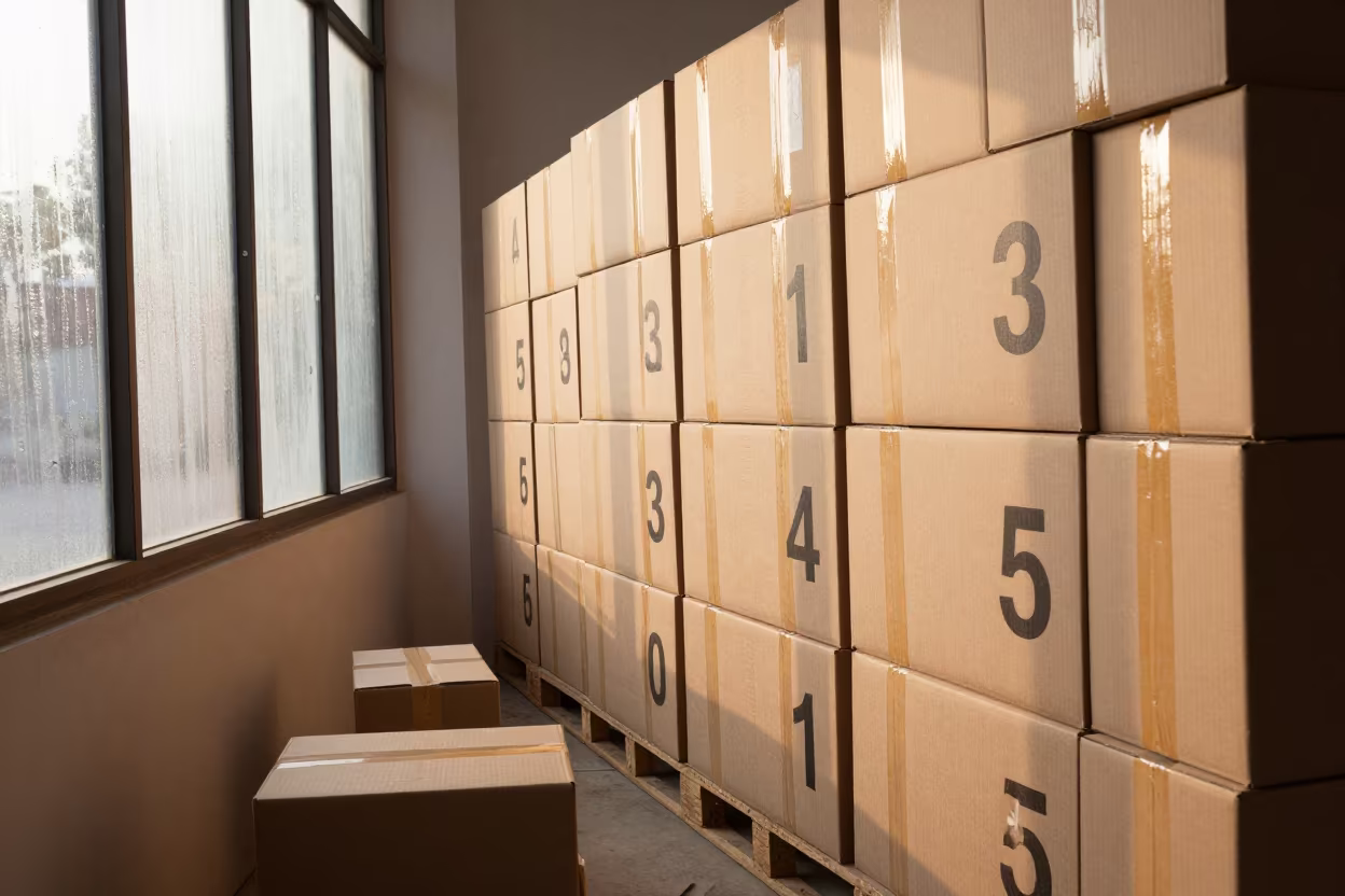 Symmetrical Parcel Wall in Douala Depot in inside a warehouse aisle in Douala