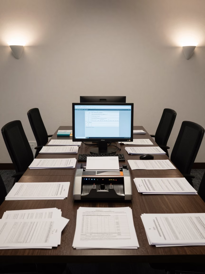 Symmetrical Payroll Workstation with Spreadsheets in inside a conference room in Worcester