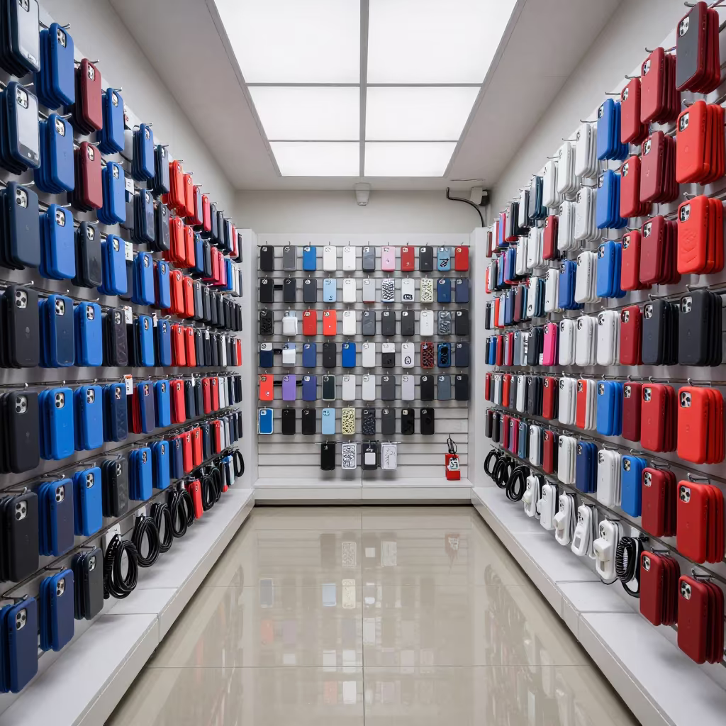 Symmetrical Phone Accessories Display in Prayagraj Store in inside a retail floor display area in Prayagraj