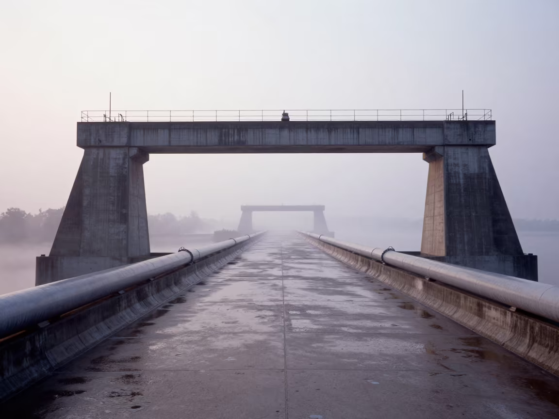 Symmetrical Pipe Support in Dawn Fog Vietnam in along a dam spillway in Vietnam
