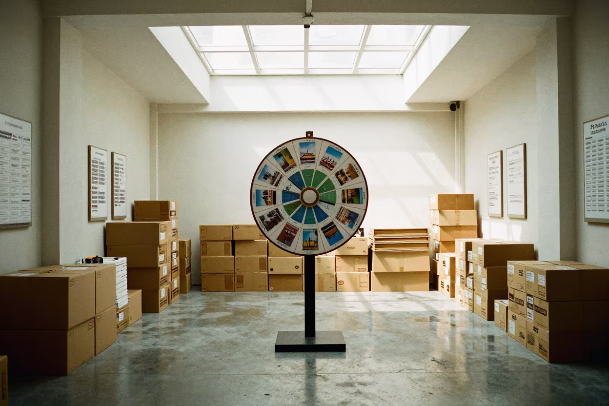 Symmetrical Postcard Spinner in Istanbul Stockroom in inside a stockroom behind the sales floor in Ortakoy, Istanbul
