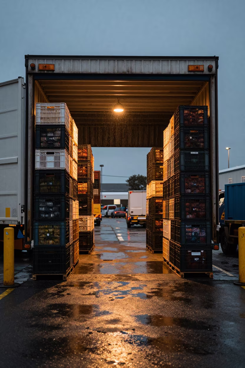 Symmetrical Produce Crates at Cape Town Dock at Twilight in in a trailer yard outside the warehouse in Cape Town