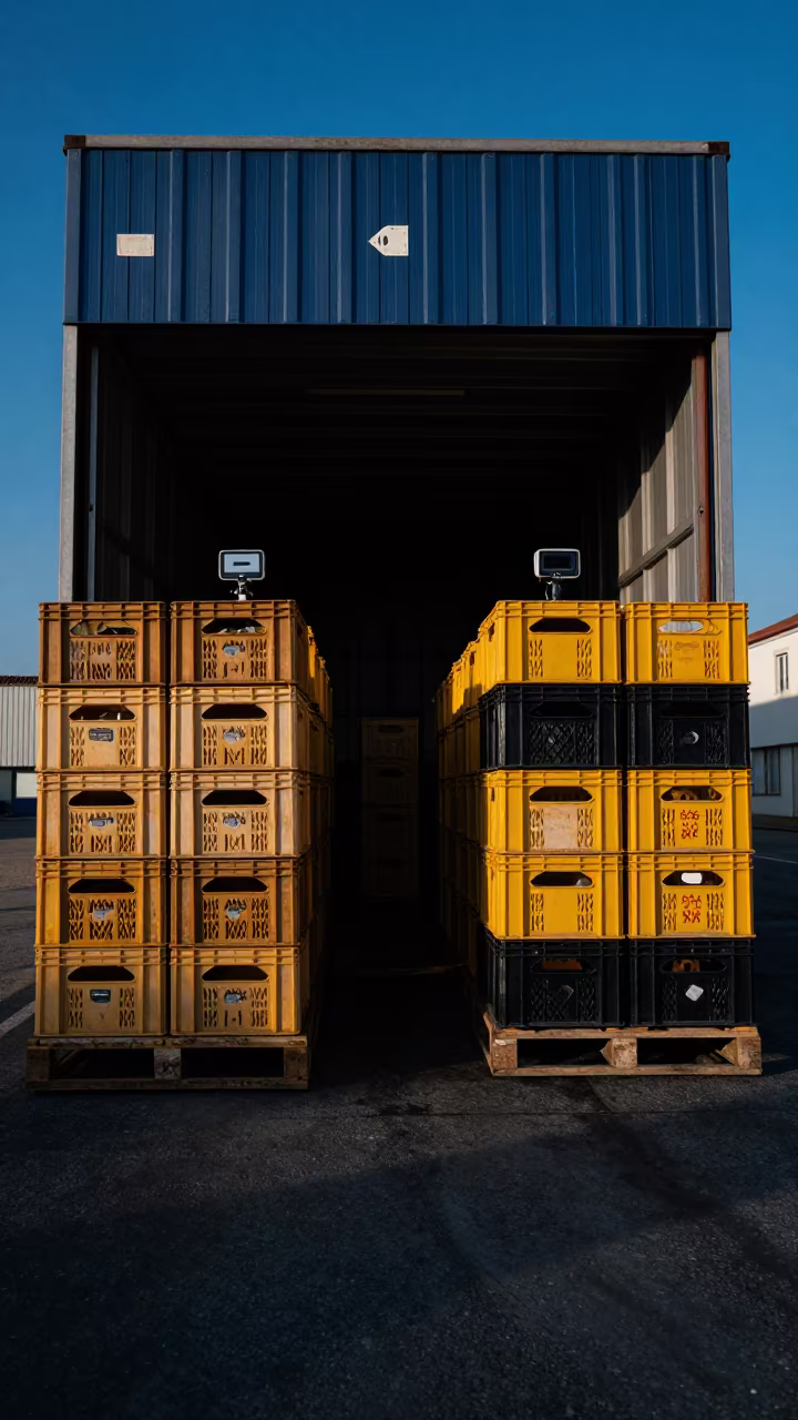 Symmetrical Produce Crates at Lisbon Dock Twilight in in a trailer yard outside the warehouse in Lisbon