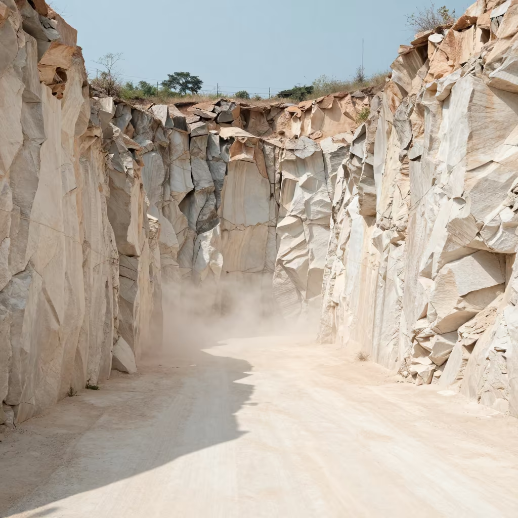 Symmetrical Quarry Road Carved in Limestone in near Karaikudi