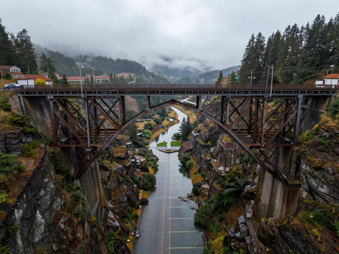 Symmetrical Railroad Bridge Over Gorge in Oregon Monsoon in across a formal civic plaza in Oregon